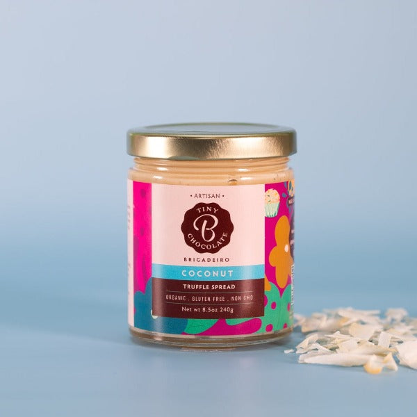 coconut brigadeiro truffle spread and coconut pieces